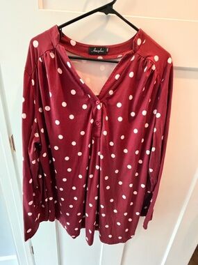 Amzplus Blouse 3XL Burgundy Polka Dot V Neck Button Front Plus Size Top